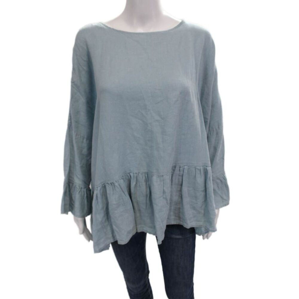 Basia Women Tunic Blouse Light Blue Cotton Blend Long Sleeve Boho Size L